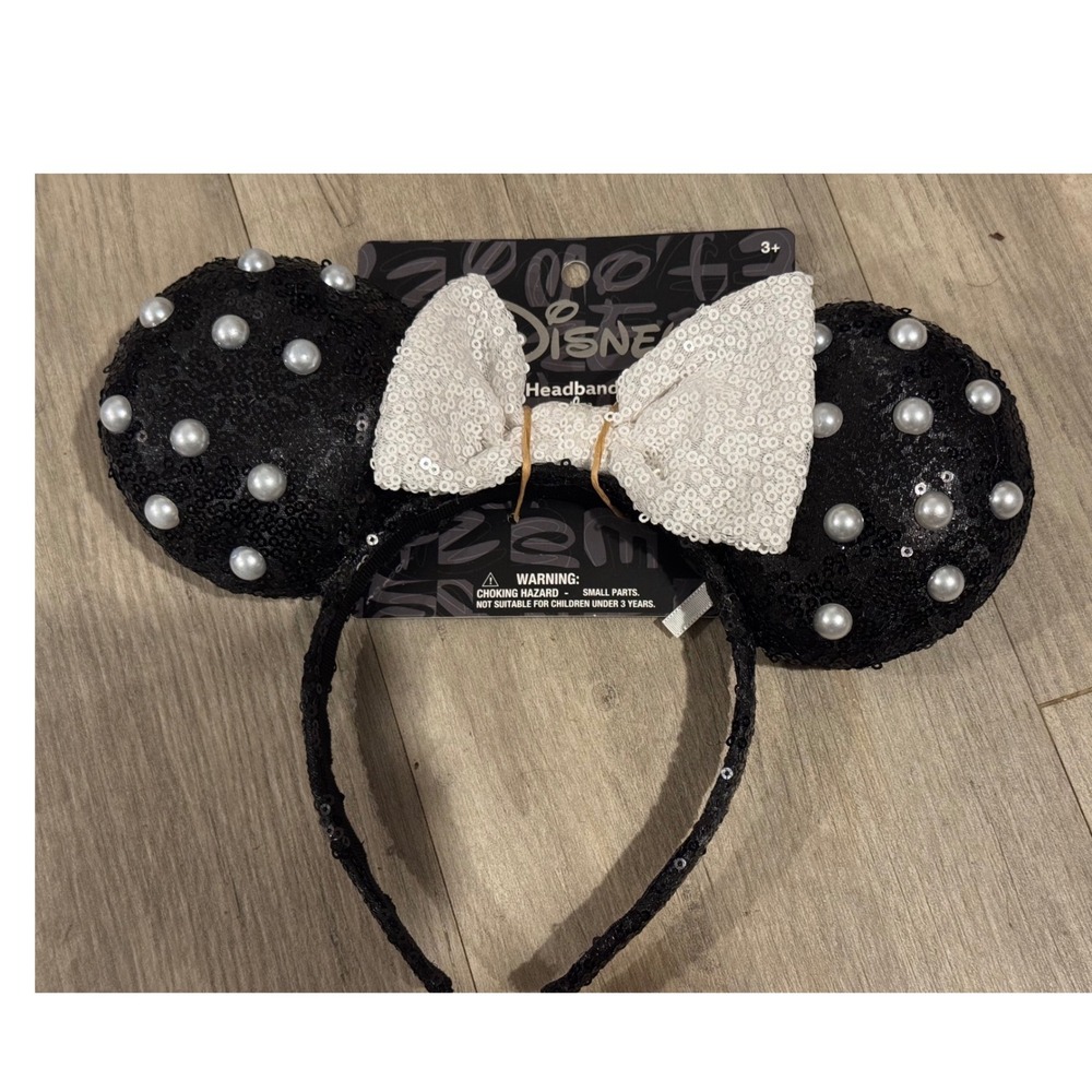 Disney Minnie Mouse Pearl Sequin Headband Black White Ears Bow Accessory